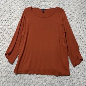 Eileen Fisher Top Sz M Orange Viscose Jersey Boat Neck Open Split Sleeve USA‎